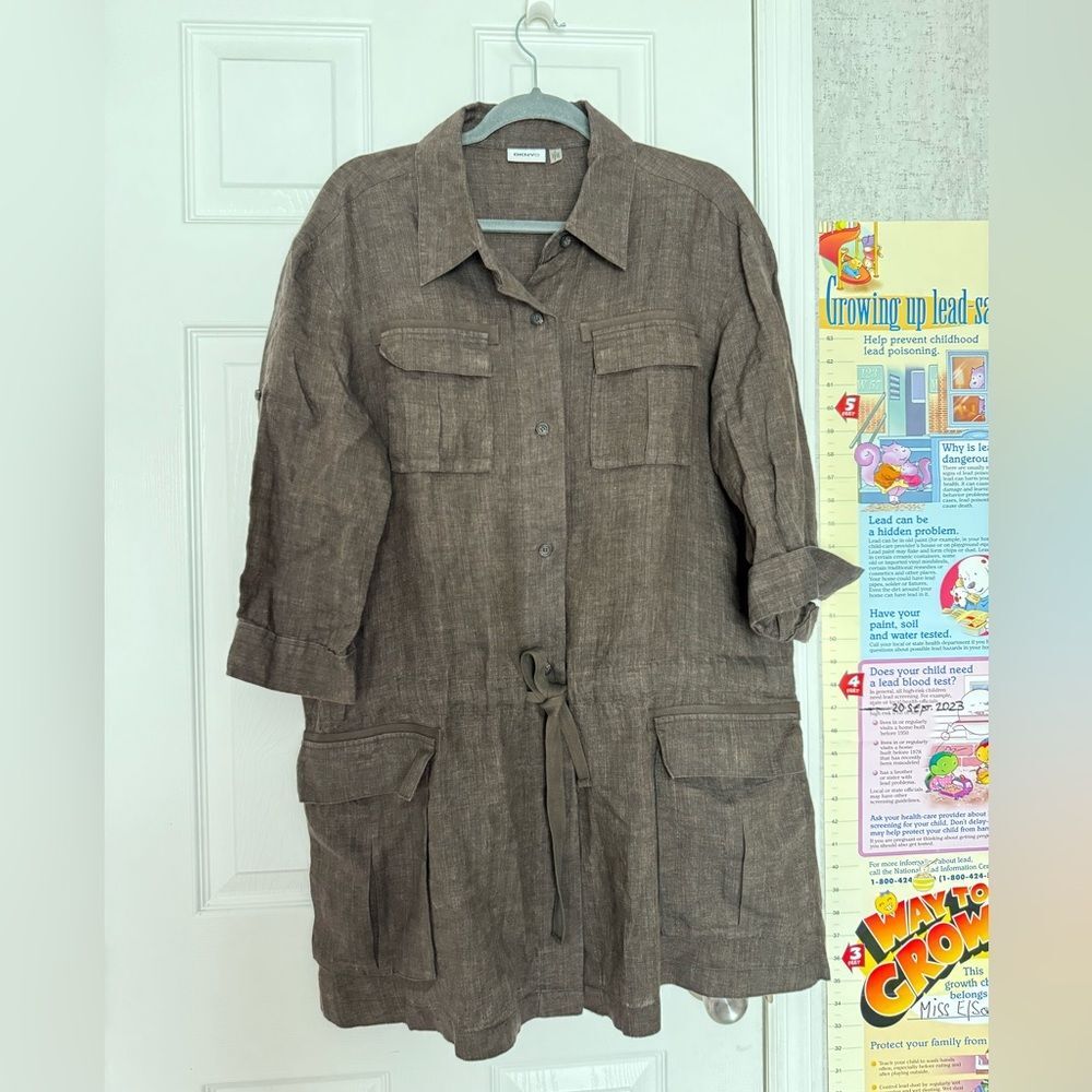 NWOT DKNY 100% Linen Women’s dress Large  long sleeve Tan gray